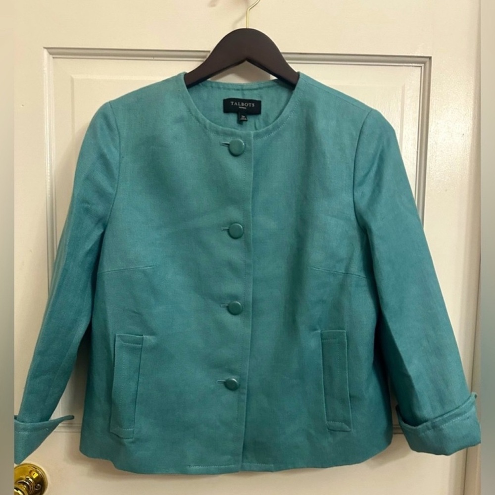 Talbots Linen Blazer in Turquoise Blue